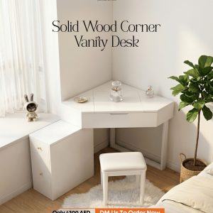 Solid Wood Corner Vanity Desk, 3-Piece Makeup Vanity Table with Flip Top Mirror, Storage Drawers and Stool, Small Space Corner Table for Bedroom and Dressing Room (Brown)